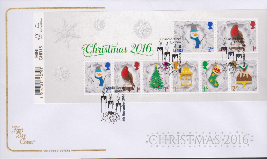 2016 - Christmas Miniature Sheet Cotswold First Day Cover, Candle Street London Postmark - Click Image to Close